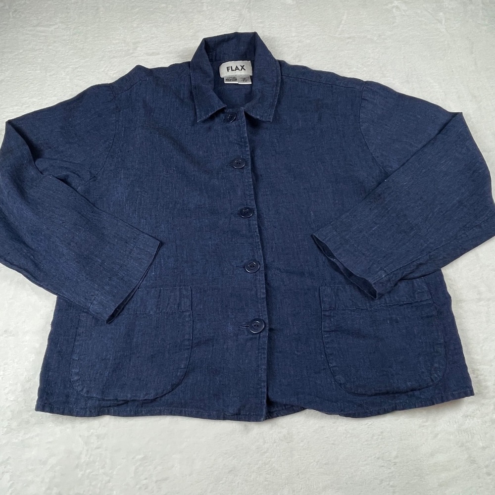 FLAX Linen Shirt Jacket Womens Medium Navy Blue Excellent Button Front Pockets